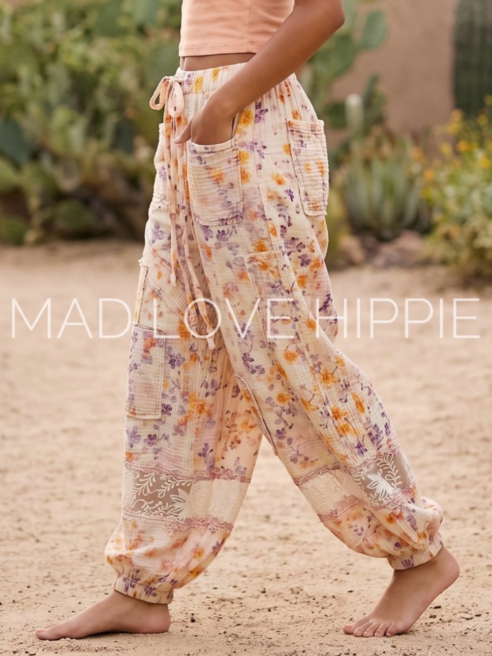 POL Pink Floral Patchwork Balloon Joggers | Romantic Boho Pull On Pants - Picture 2 of 6